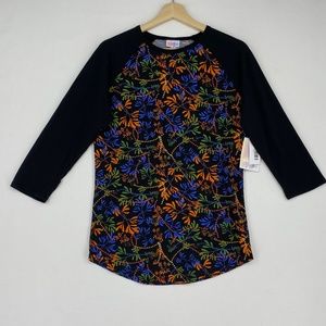 LuLaRoe Randy Knit Top Black Bright Multi Leaf Dot